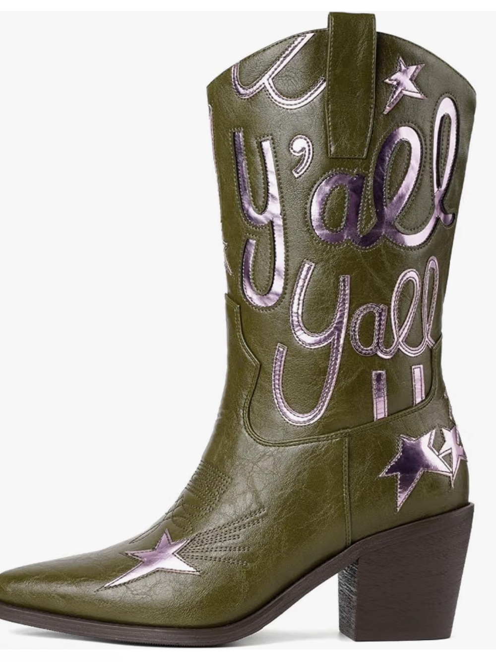 Amazon Olive Heeled Western Boot with Pink Metallic yall word